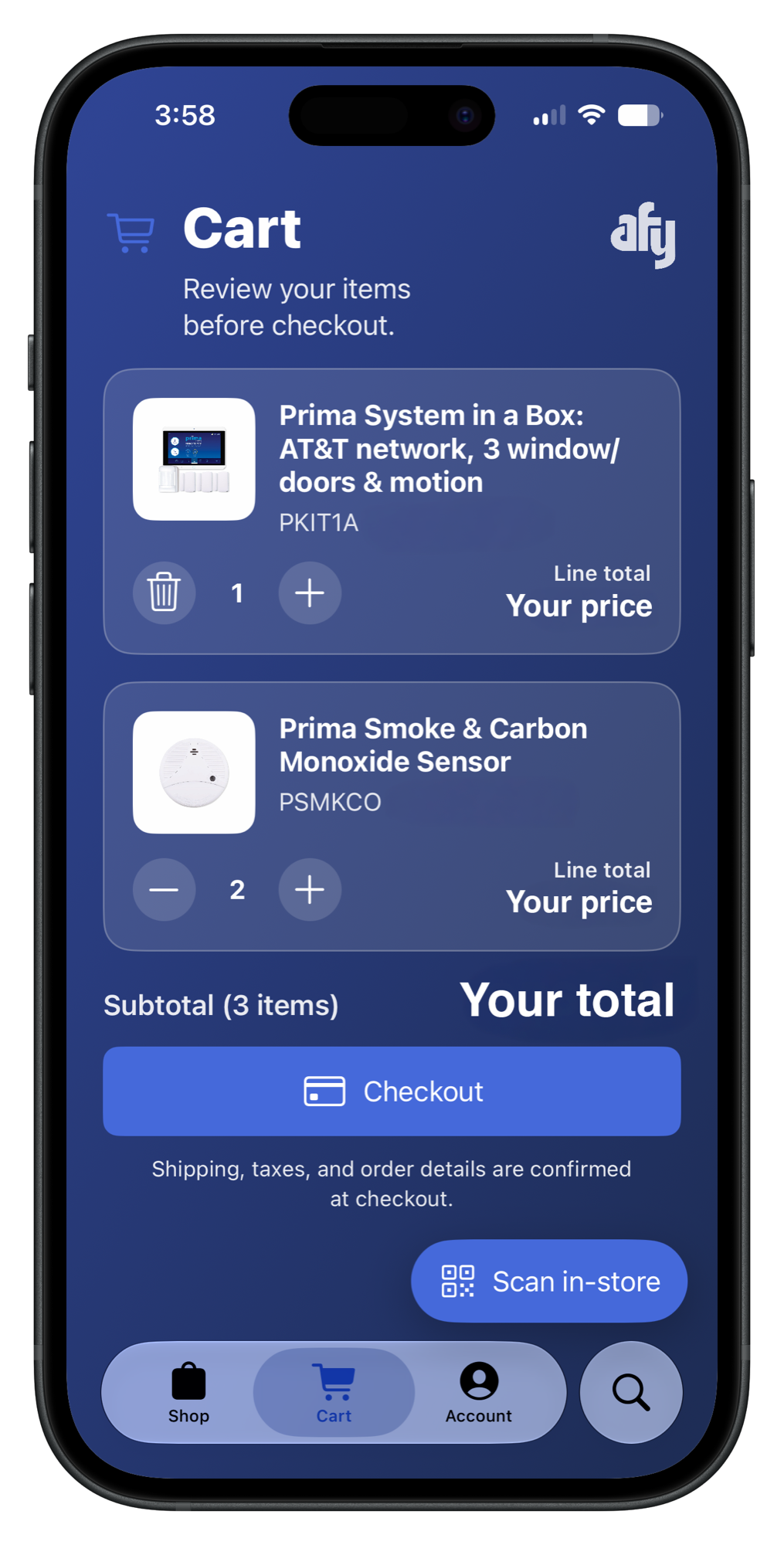 AFY app cart with product quantities, checkout and in-store QR action
