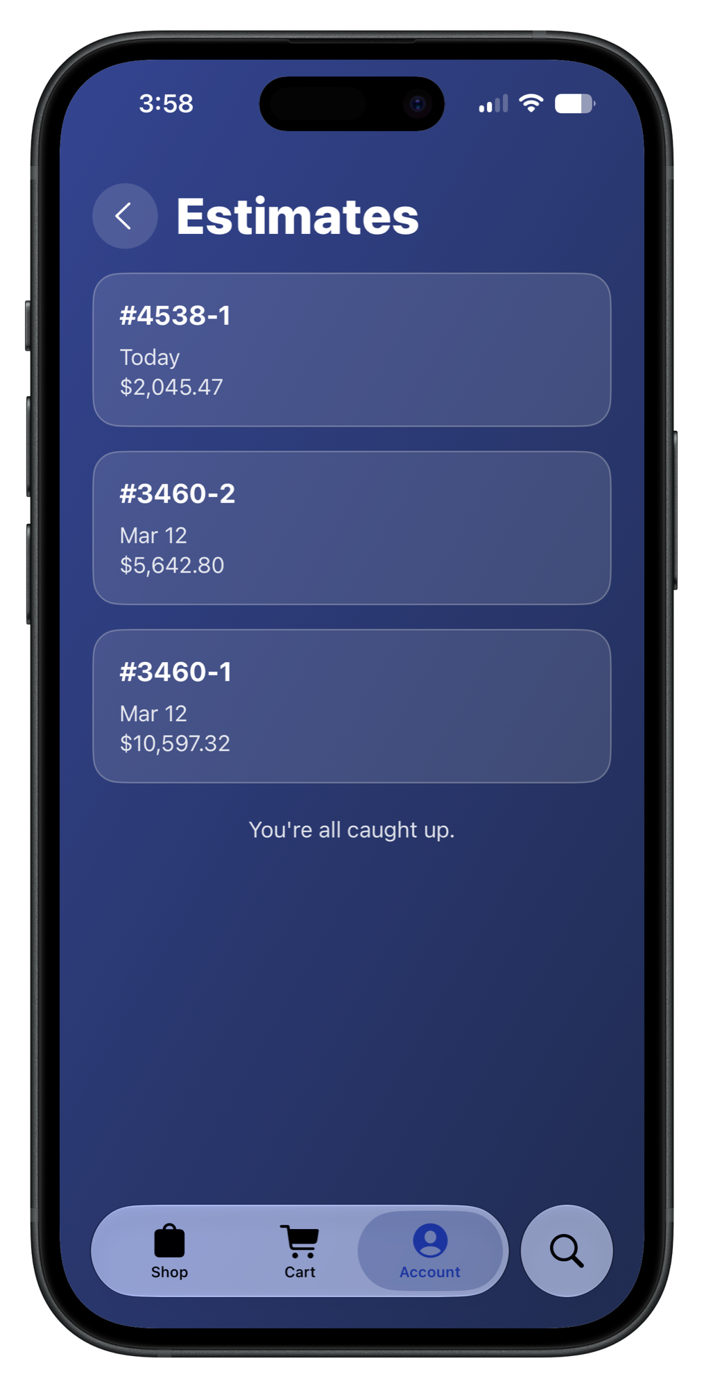 AFY app estimates list in the account area