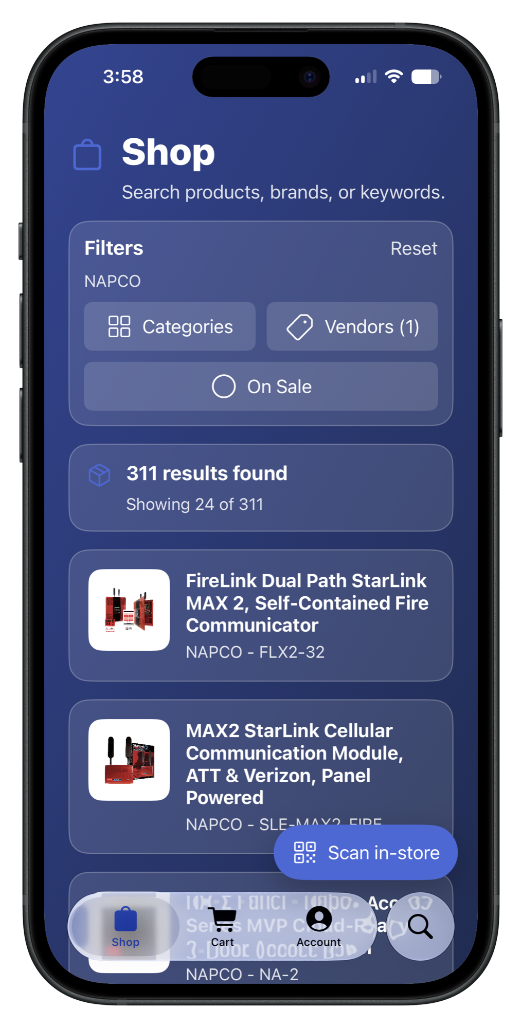 AFY app product search with filters and results